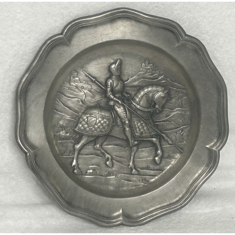 German Pewter Plate With Armored Knight On Horseback Antique